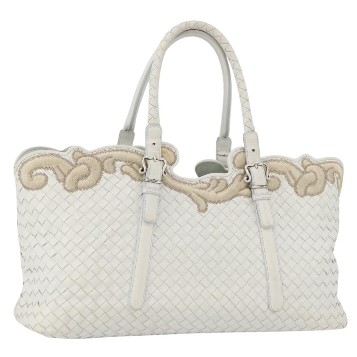 Bottega Veneta Belted Cabas Tote Intrecciato Nappa With Stitched Detail White Leather Tote Bag Bag (Pre-Owned)