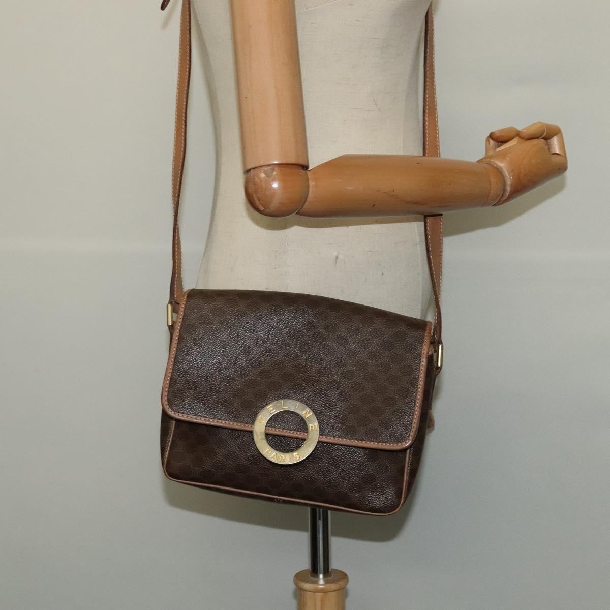 Celine Vintage Macadam Circle Logo Canvas And Leather Brown Canvas Shoulder Bag Bag (Pre-Owned)