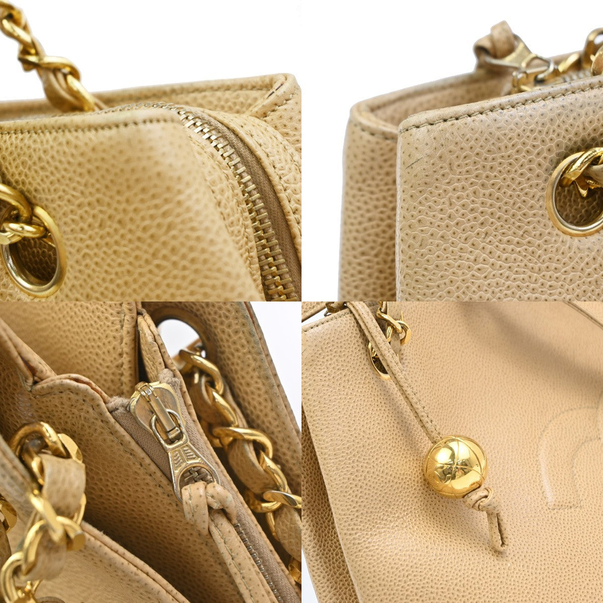 Chanel Vintage Timeless Chain Caviar Beige Leather Shoulder Bag Bag (Pre-Owned)