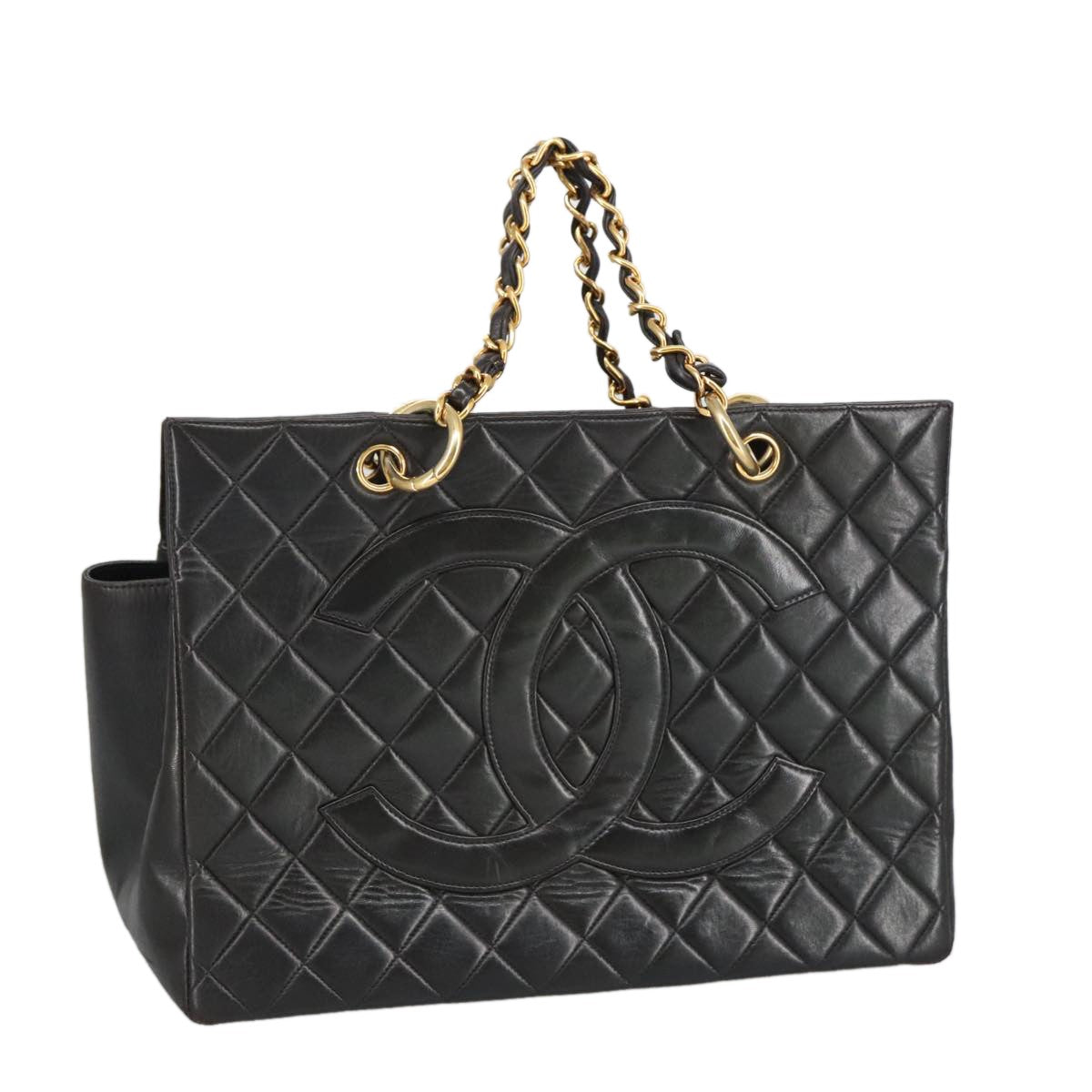 Chanel Vintage Grand Shopping Tote Quilted Lambskin Black Leather Tote Bag Bag (Pre-Owned)