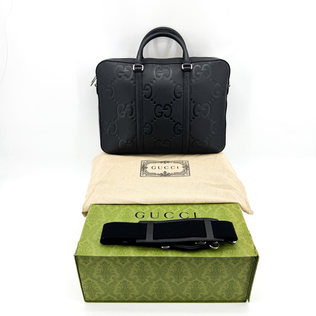 Gucci Convertible Jumbo Gg Embossed Leather Black Leather Tote Bag Bag (Pre-Owned)