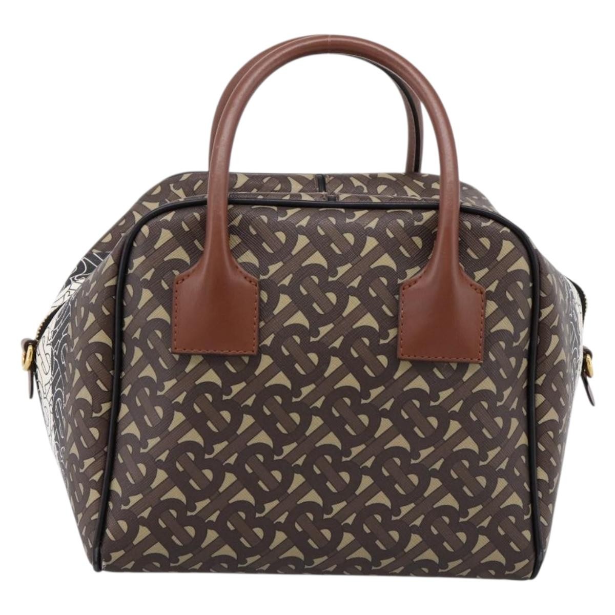 Burberry Tb Half Cube Duffle Monogram Embossed Leather Brown Canvas Handbag (Pre-Owned)