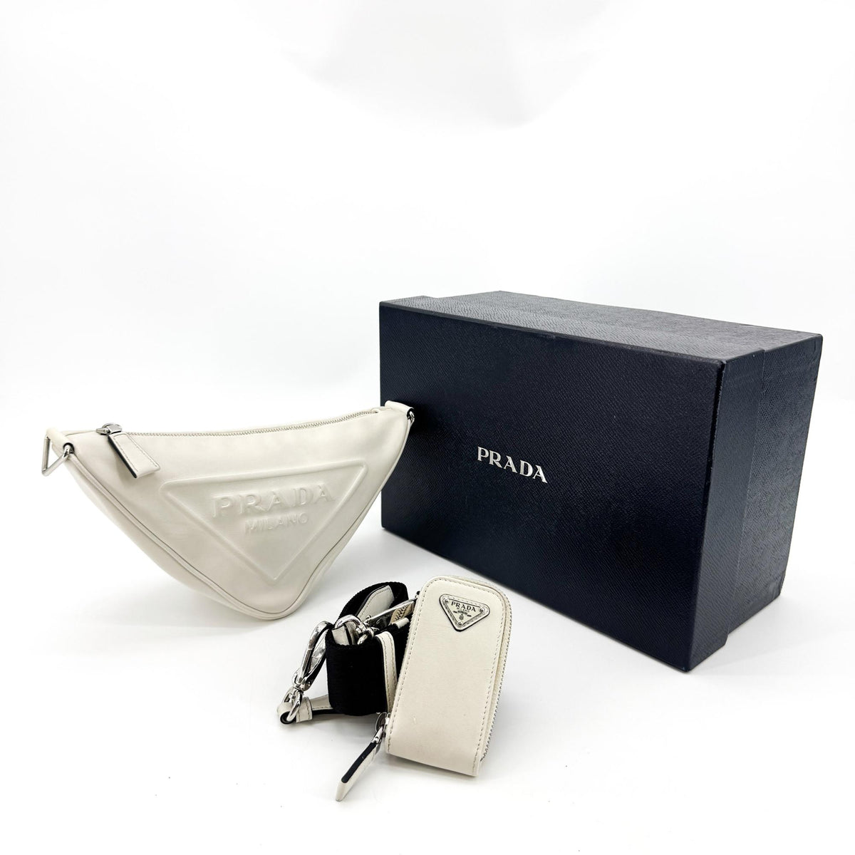 Prada Triangle Logo Zip Leather White Leather Crossbody Bag Bag (Pre-Owned)