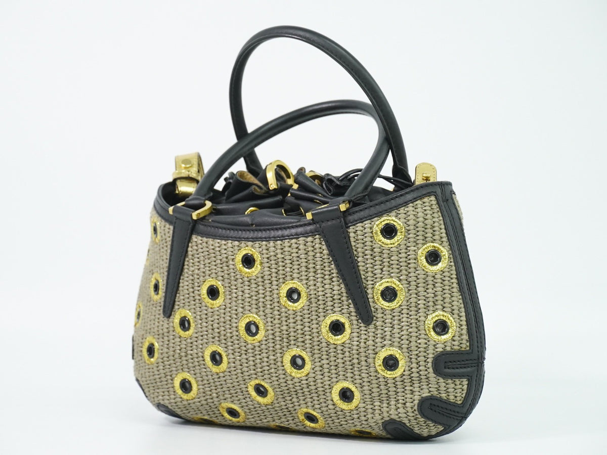 Fendi B. Fab Convertible Tote Grommet Embellished Raffia Beige Leather Handbag (Pre-Owned)
