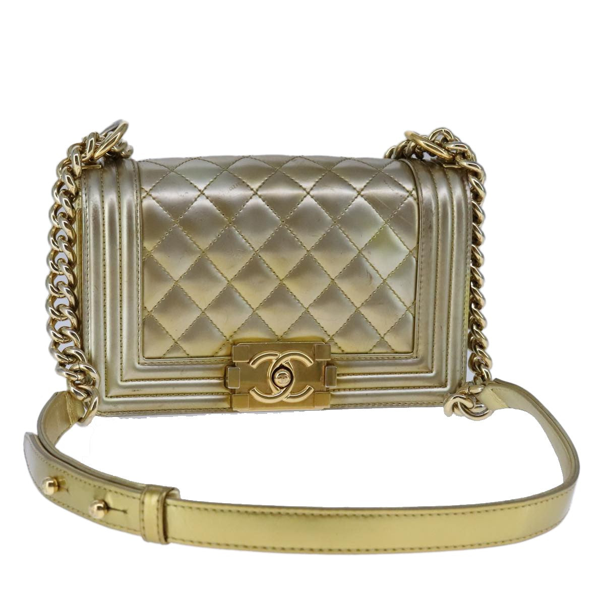Chanel Boy Flap Quilted Patent Gold Patent_Leather Shoulder Bag Bag (Pre-Owned)