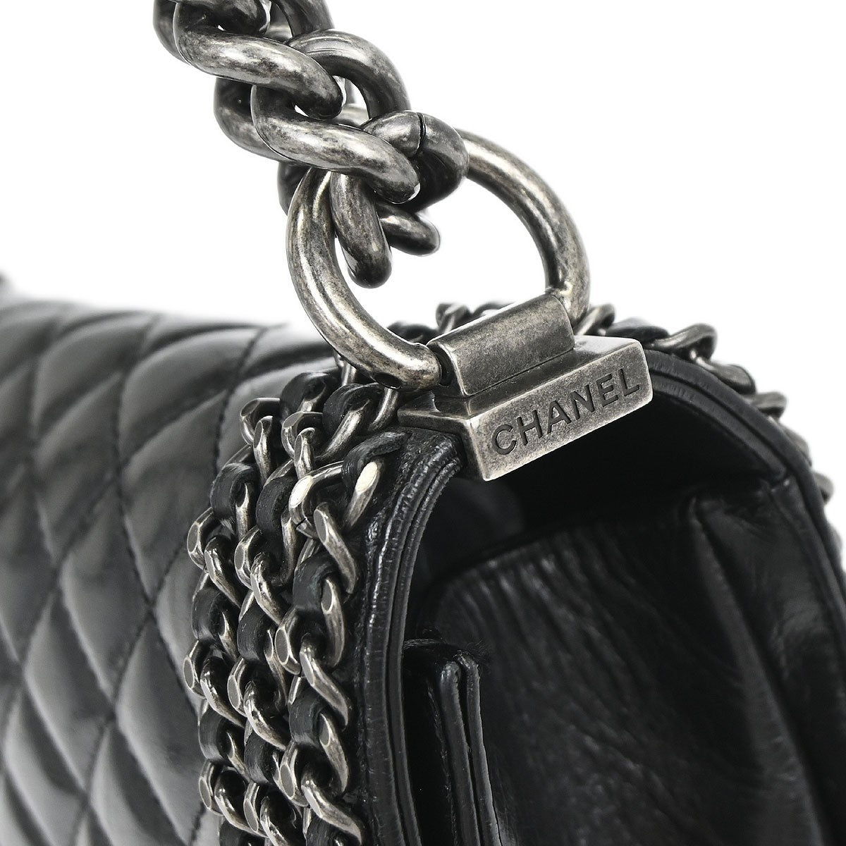 Chanel Boy Flap Quilted Glazed Calfskin Black Leather Handbag (Pre-Owned)