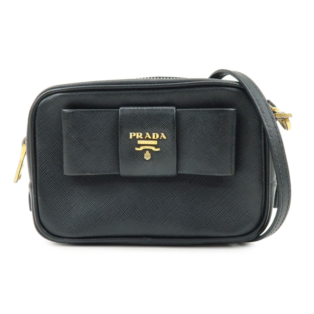 Prada Bow Camera Saffiano Leather Black Leather Crossbody Bag Bag (Pre-Owned)