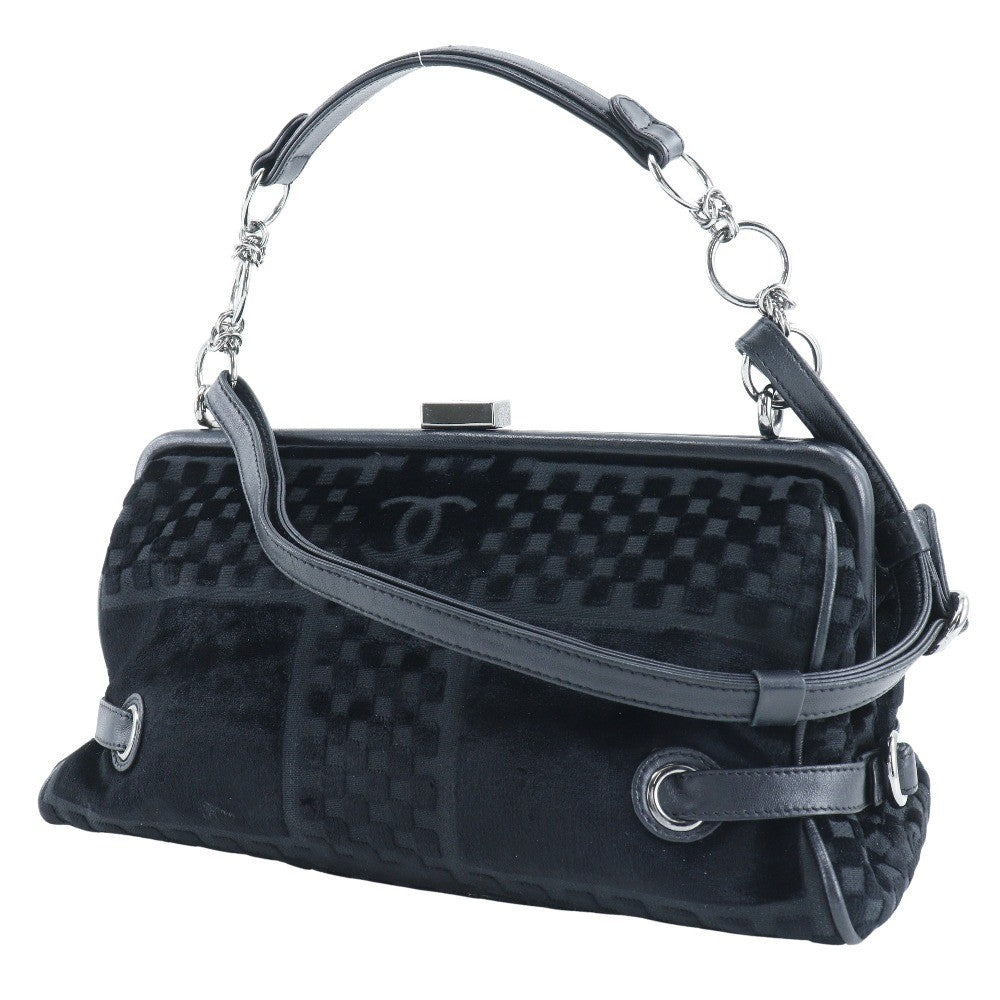 Chanel Vintage Cc Side Belted Bowler Check Embossed Velvet Black Velvet Shoulder Bag Bag (Pre-Owned)