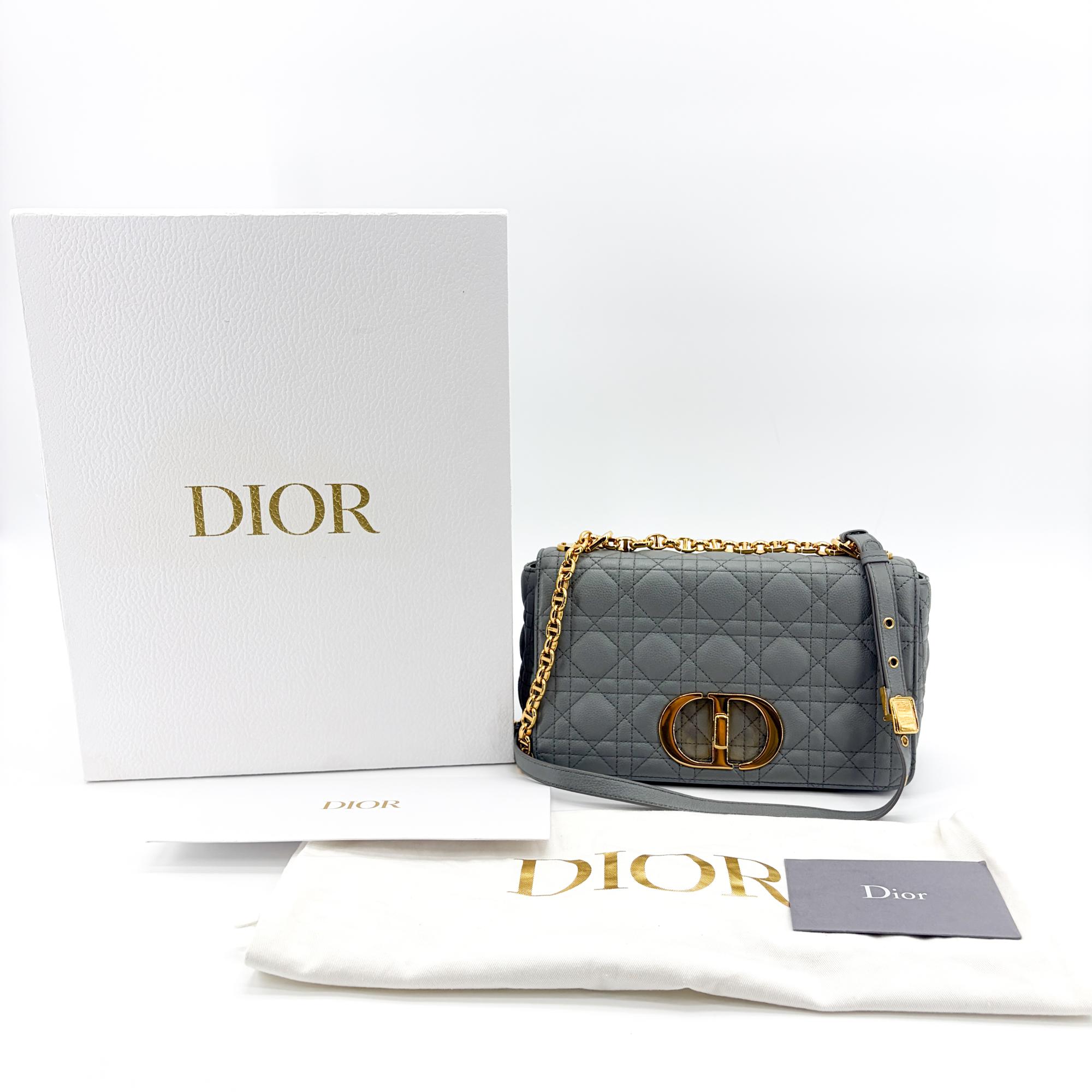 Christian Dior Caro Bag Lucky Star Studded Macrocannage Calfskin Gray Leather Handbag (Pre-Owned)
