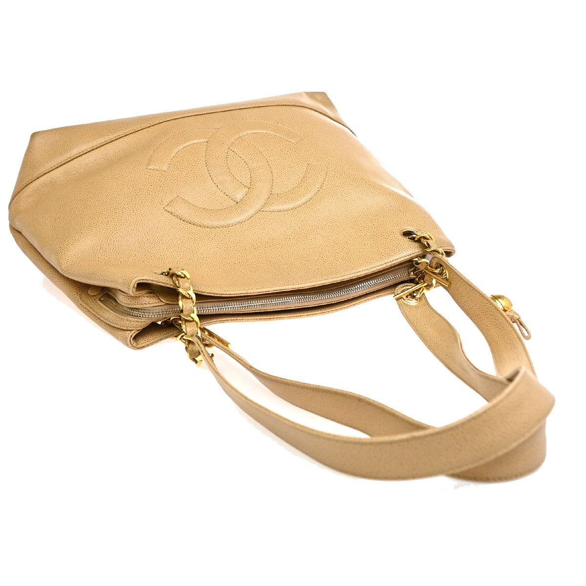 Chanel Vintage Timeless Chain Caviar Beige Leather Shoulder Bag Bag (Pre-Owned)