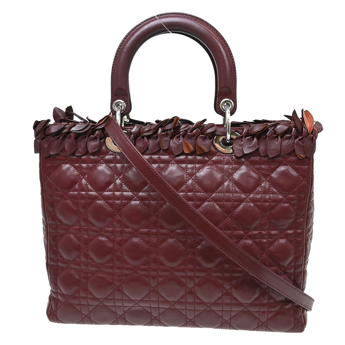 Christian Dior Lady Dior Cannage Quilt Lambskin With Crystal Detail Burgundy Leather Handbag (Pre-Owned)