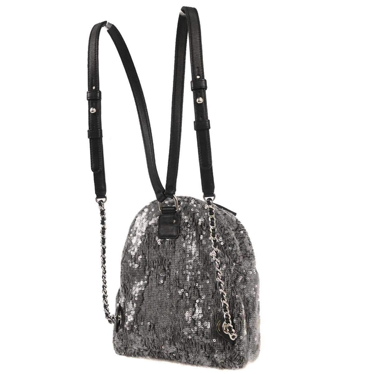Chanel Waterfall Sequins With Leather Black Leather Backpack Bag (Pre-Owned)
