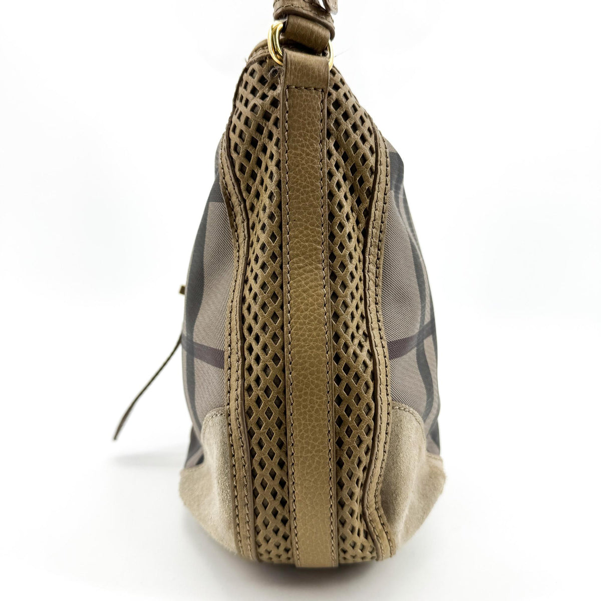 Burberry Ashwood Convertible Hobo House Check Canvas Beige Suede Shoulder Bag Bag (Pre-Owned)