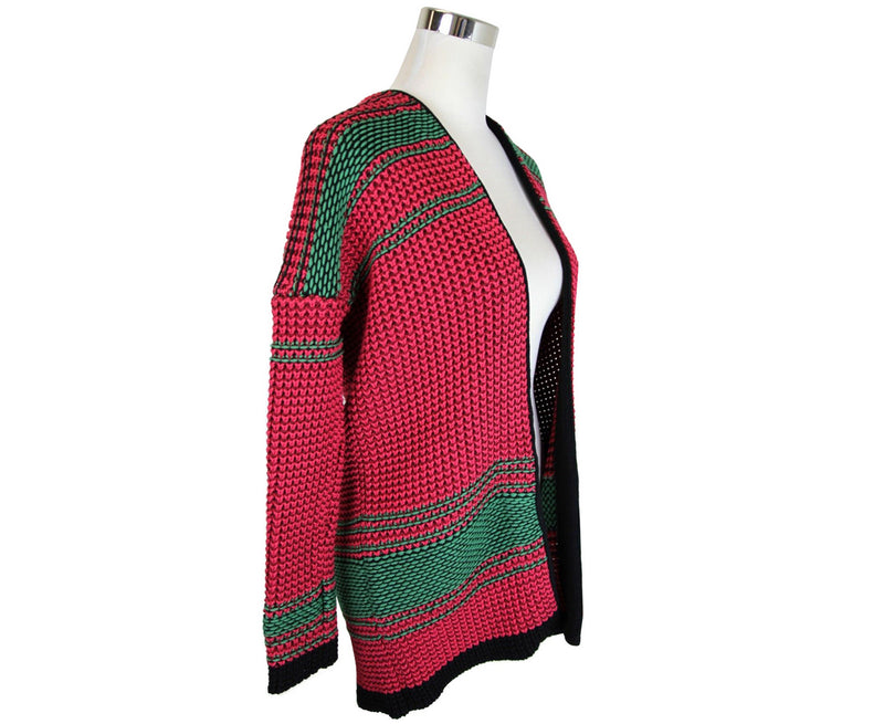 Maje Women's Black Detail Hot Pink / Burgendy / Green Cotton Polyester Cardigan Jacket