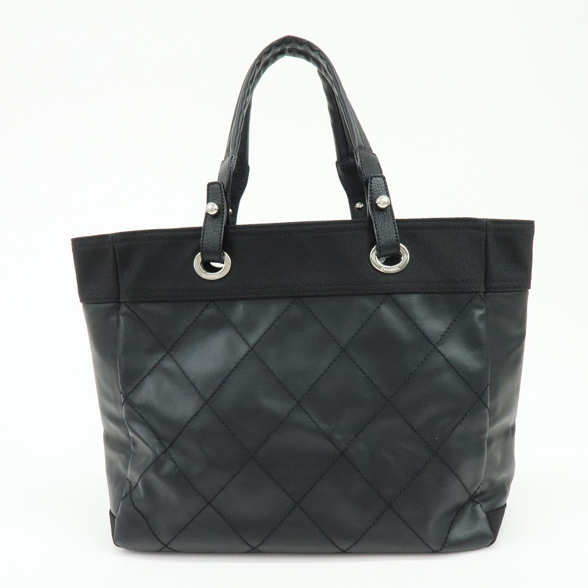 Chanel Biarritz Quilted Coated Canvas Black Leather Tote Bag Bag (Pre-Owned)