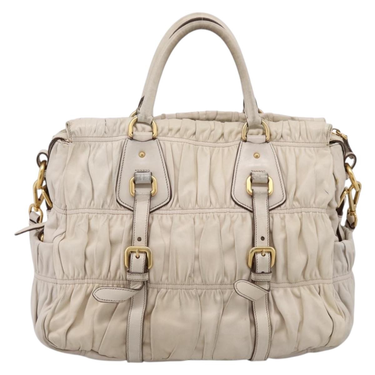Prada Gaufre Convertible Satchel Nappa Leather Beige Leather Handbag (Pre-Owned)