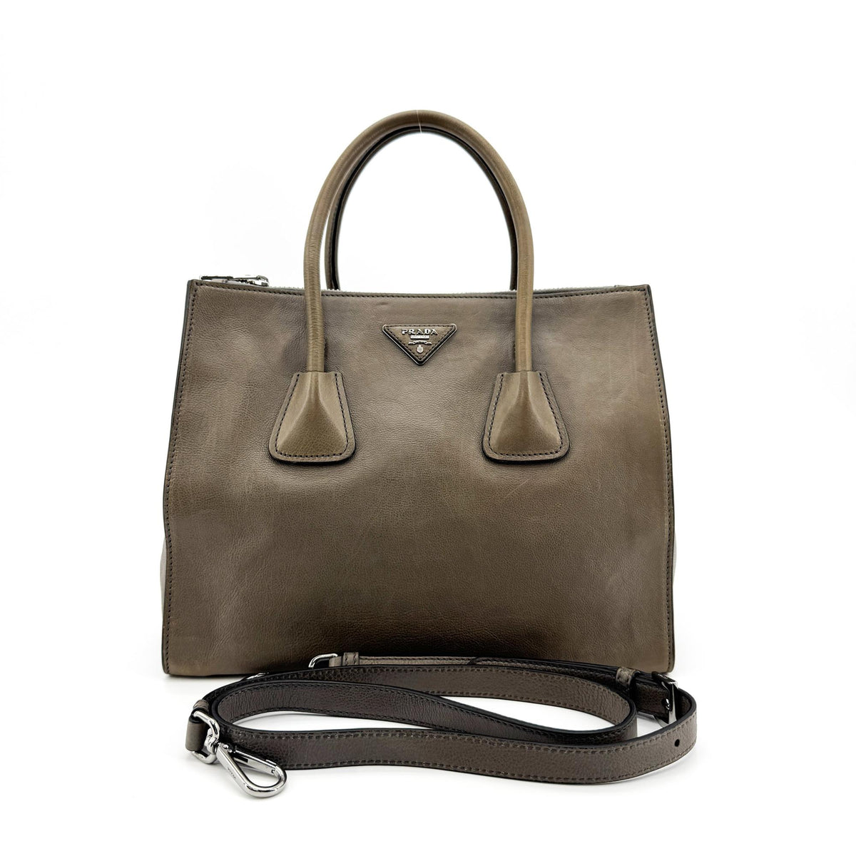 Prada Twin Shopping Vitello Daino Brown Leather Tote Bag Bag (Pre-Owned)
