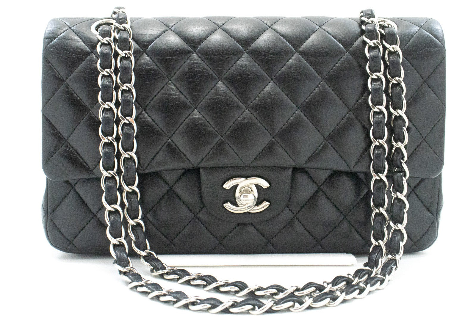 Chanel Classic Double Flap Quilted Lambskin Black Leather Handbag (Pre-Owned)