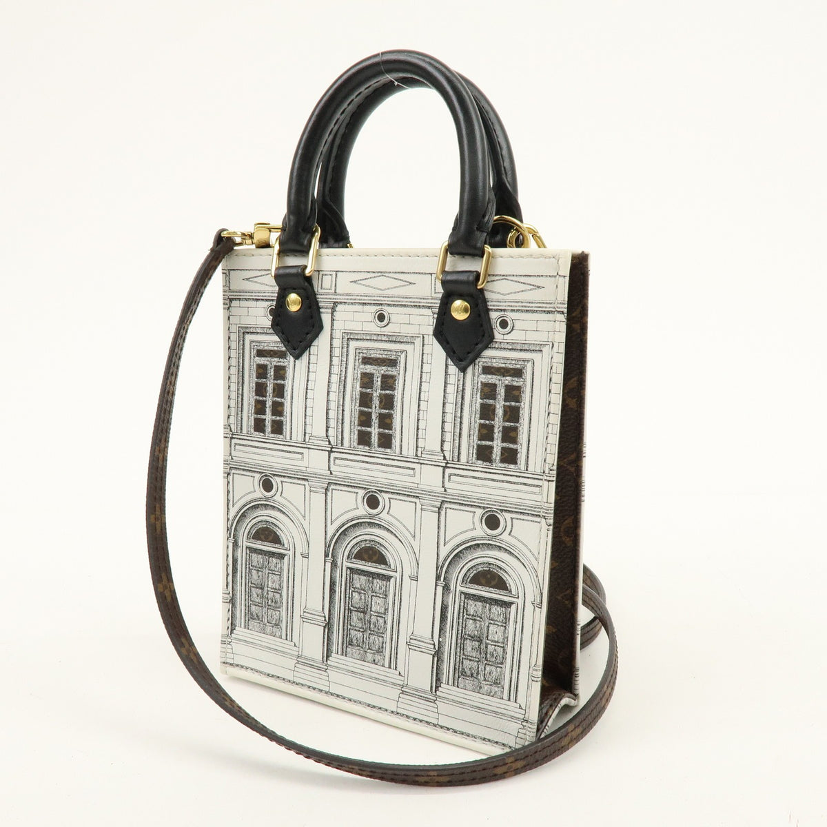 Louis Vuitton Petit Sac Plat Limited Edition Fornasetti Architettura Print Leather And Monogram Canvas White Canvas Handbag (Pre-Owned)