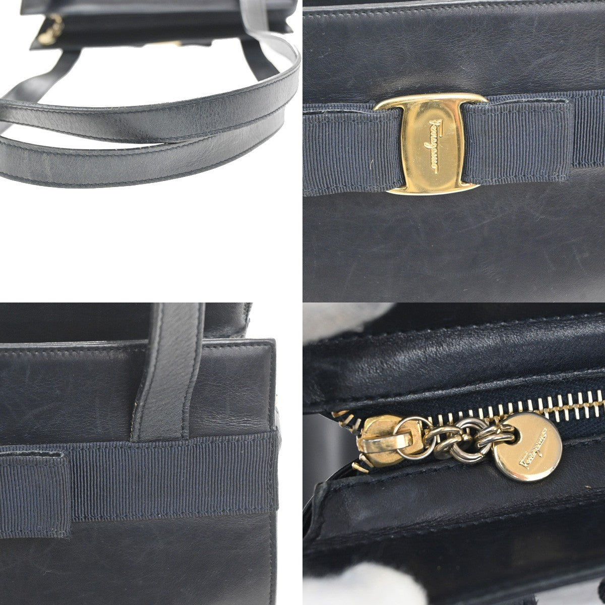 Salvatore Ferragamo Vintage Vara Bow Lizard Embossed Leather Navy Leather Tote Bag Bag (Pre-Owned)