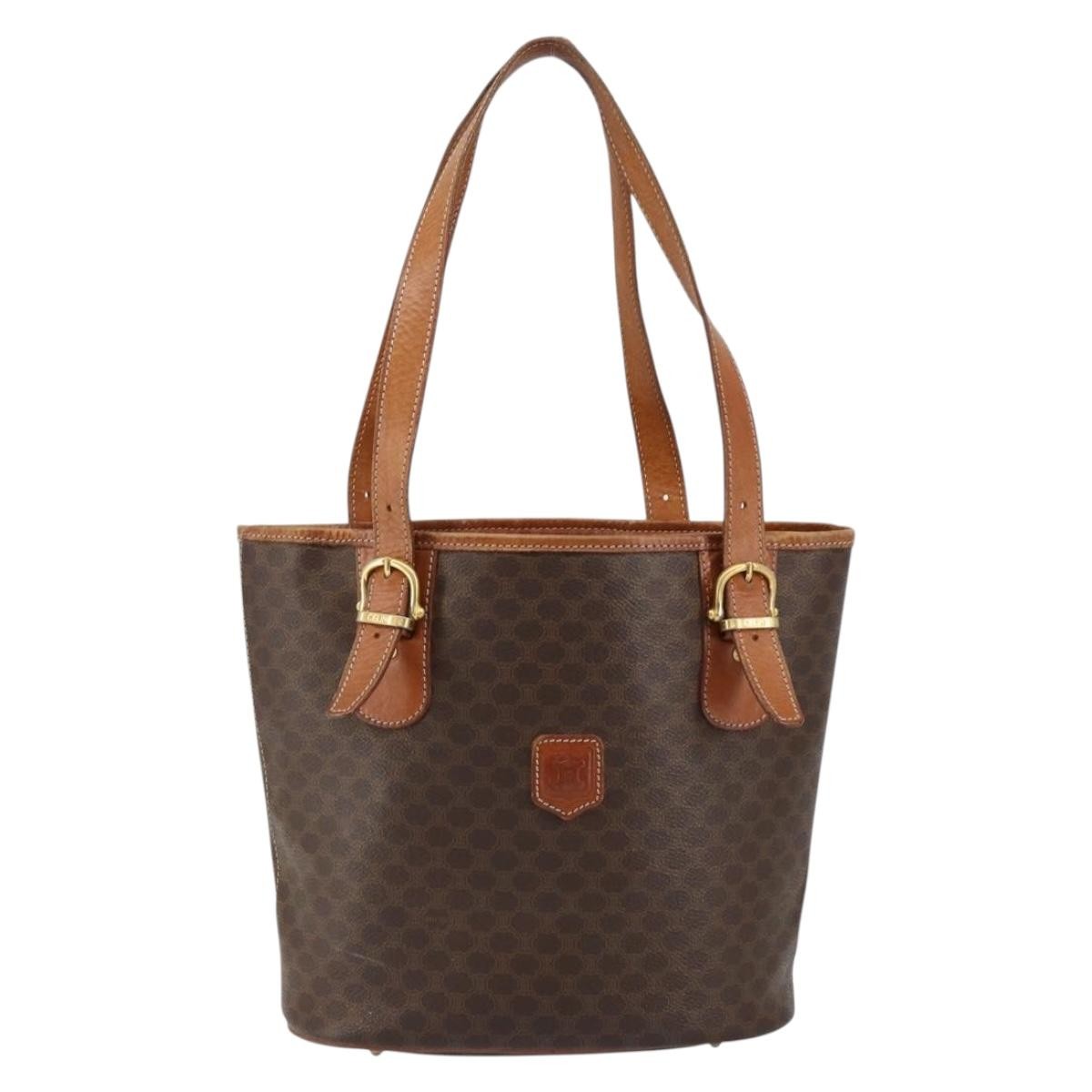 Celine Vintage Macadam Shopper Tote Canvas And Leather Brown Canvas Tote Bag Bag (Pre-Owned)