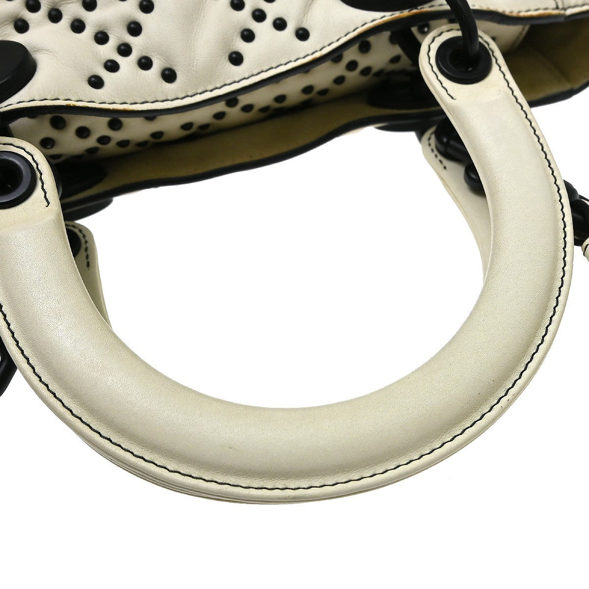 Christian Dior Supple Lady Dior Cannage Studded Lambskin White Leather Handbag (Pre-Owned)