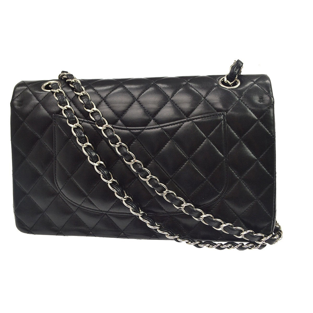 Chanel Classic Timeless Double Flap Quilted Lambskin Black Leather Handbag (Pre-Owned)