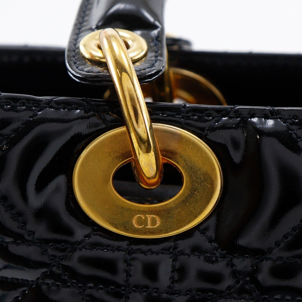 Christian Dior Lady Dior Nm Cannage Quilt Patent Black Patent_Leather Tote Bag Bag (Pre-Owned)
