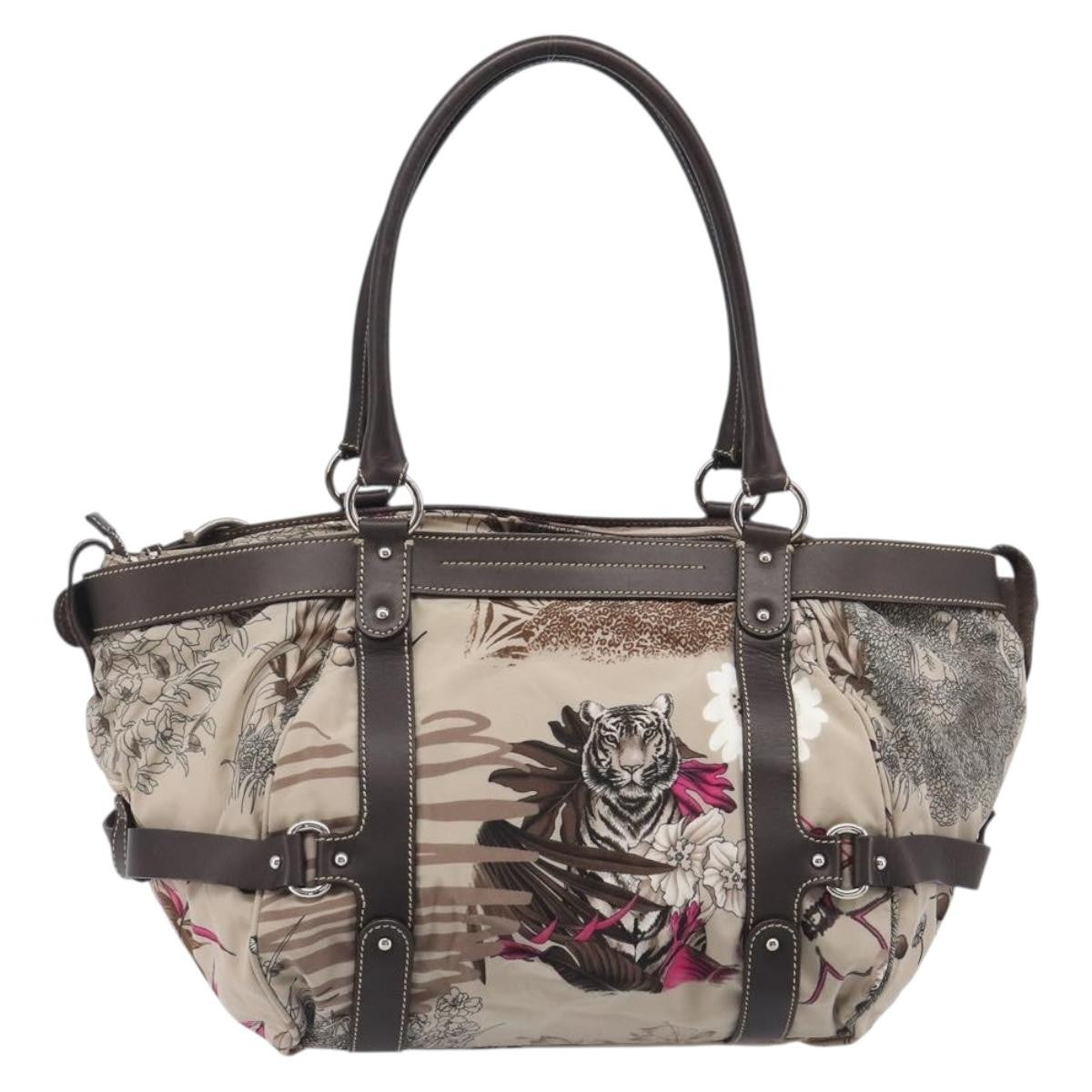 Salvatore Ferragamo Convertible Belted Boston Fiera Printed Nylon With Leather Beige Nylon Handbag (Pre-Owned)