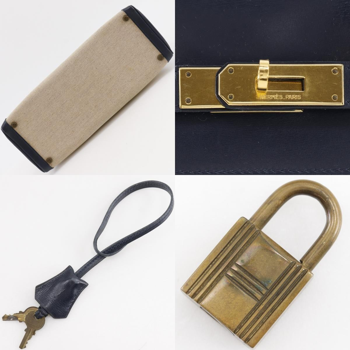 Hermes Kelly Black Box Calf With Gold Hardware Beige Canvas Handbag (Pre-Owned)