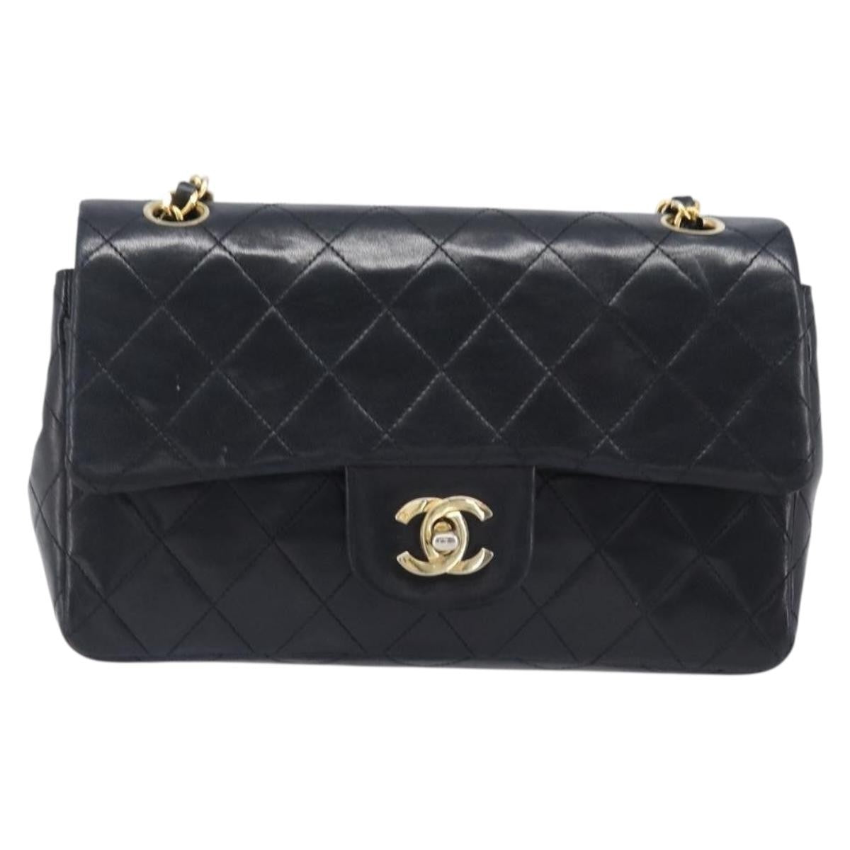Chanel Vintage Classic Double Flap Quilted Lambskin Black Leather Shoulder Bag Bag (Pre-Owned)