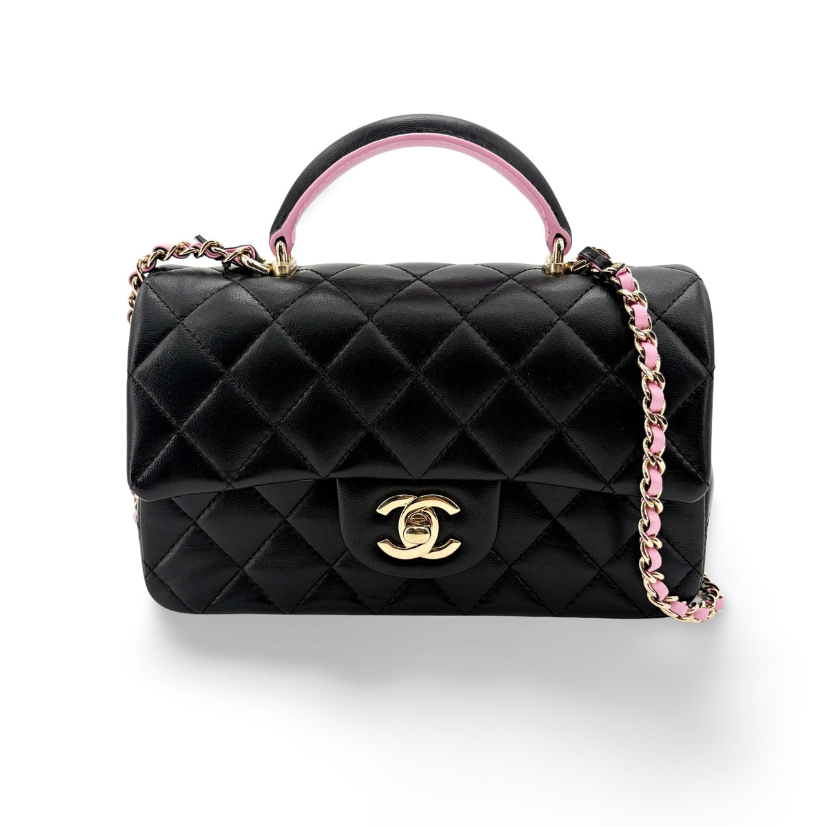 Chanel Classic Single Flap Top Handle Quilted Iridescent Lambskin Black Leather Handbag (Pre-Owned)