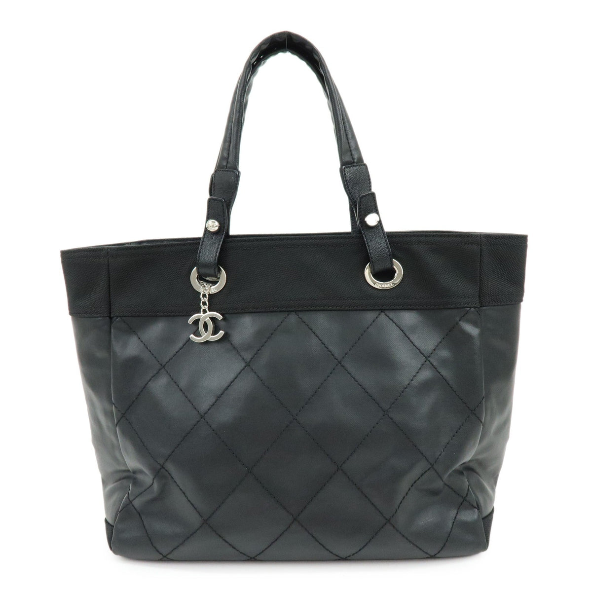 Chanel Biarritz Quilted Coated Canvas Black Leather Tote Bag Bag (Pre-Owned)