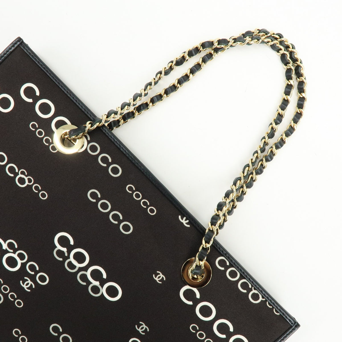 Chanel Vintage Coco Chain Shopping Printed Canvas Black Canvas Tote Bag Bag (Pre-Owned)