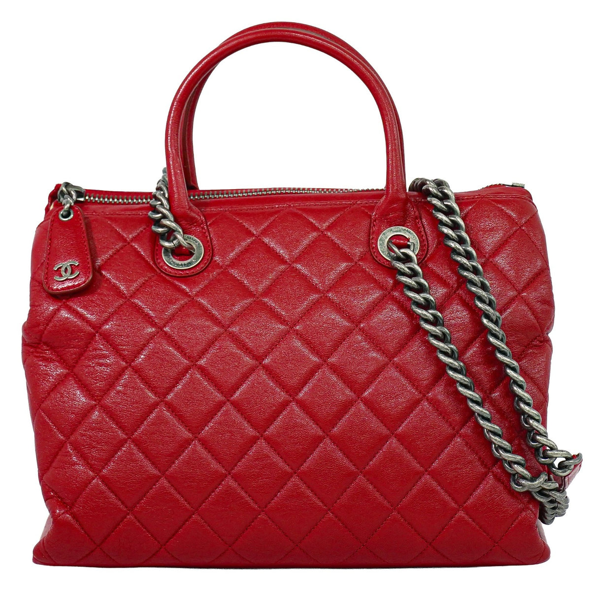 Chanel Boy Chained Quilted Calfskin Red Leather Tote Bag Bag (Pre-Owned)