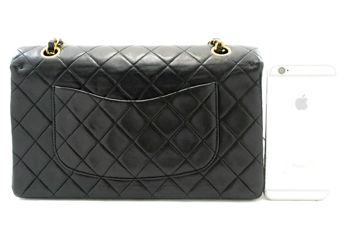 Chanel Classic Timeless Double Flap Quilted Lambskin Black Leather Handbag (Pre-Owned)