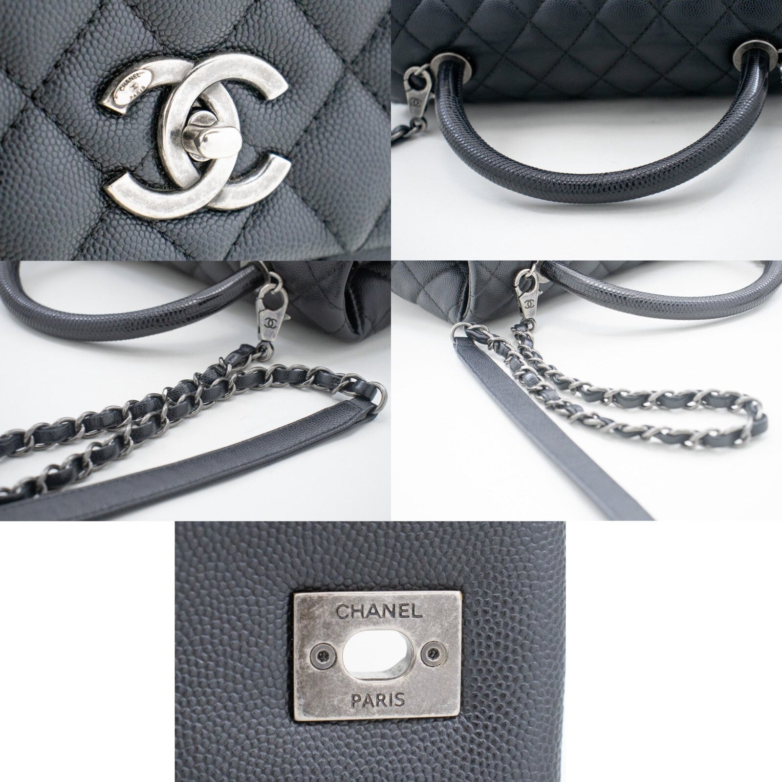 Chanel Top Handle Flap Quilted Caviar Leather Black Calfskin Handbag (Pre-Owned)