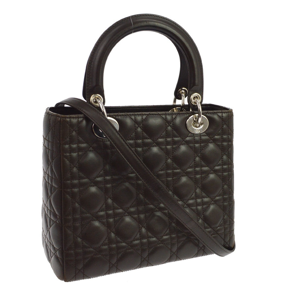 Christian Dior Lady Dior Cannage Quilt Lambskin Brown Leather Handbag (Pre-Owned)