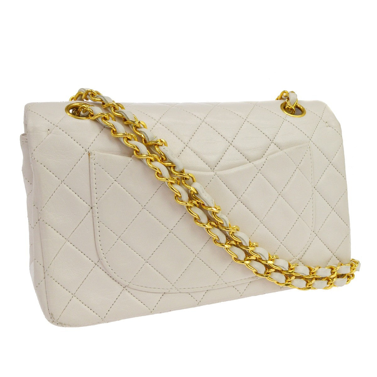 Chanel Vintage Classic Double Flap Quilted Lambskin White Leather Handbag (Pre-Owned)