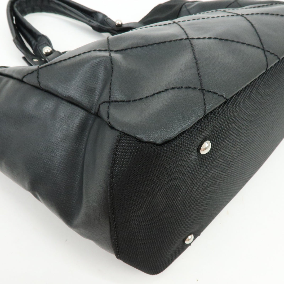 Chanel Biarritz Quilted Coated Canvas Black Leather Tote Bag Bag (Pre-Owned)