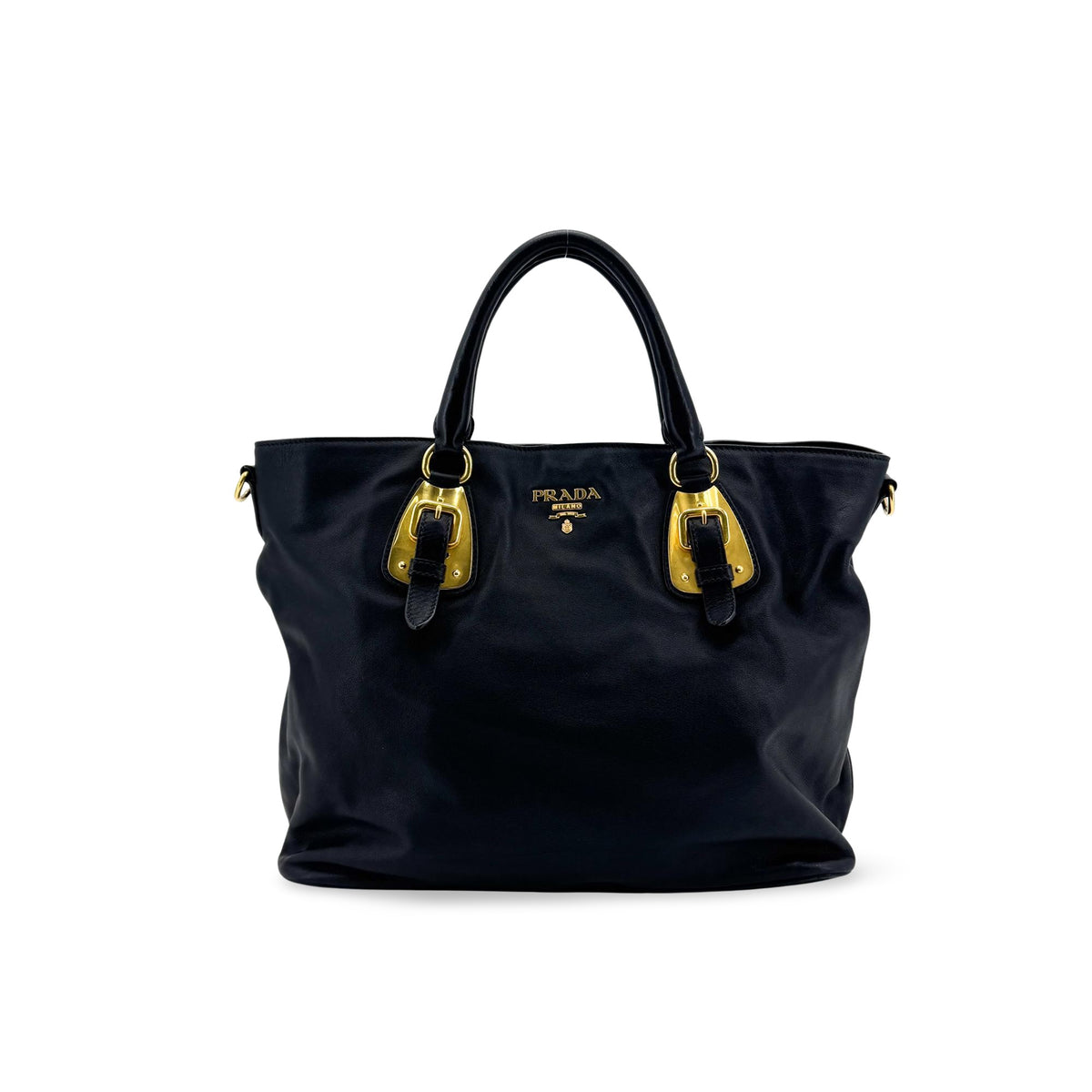 Prada Convertible Buckle Soft Calf Black Leather Tote Bag Bag (Pre-Owned)