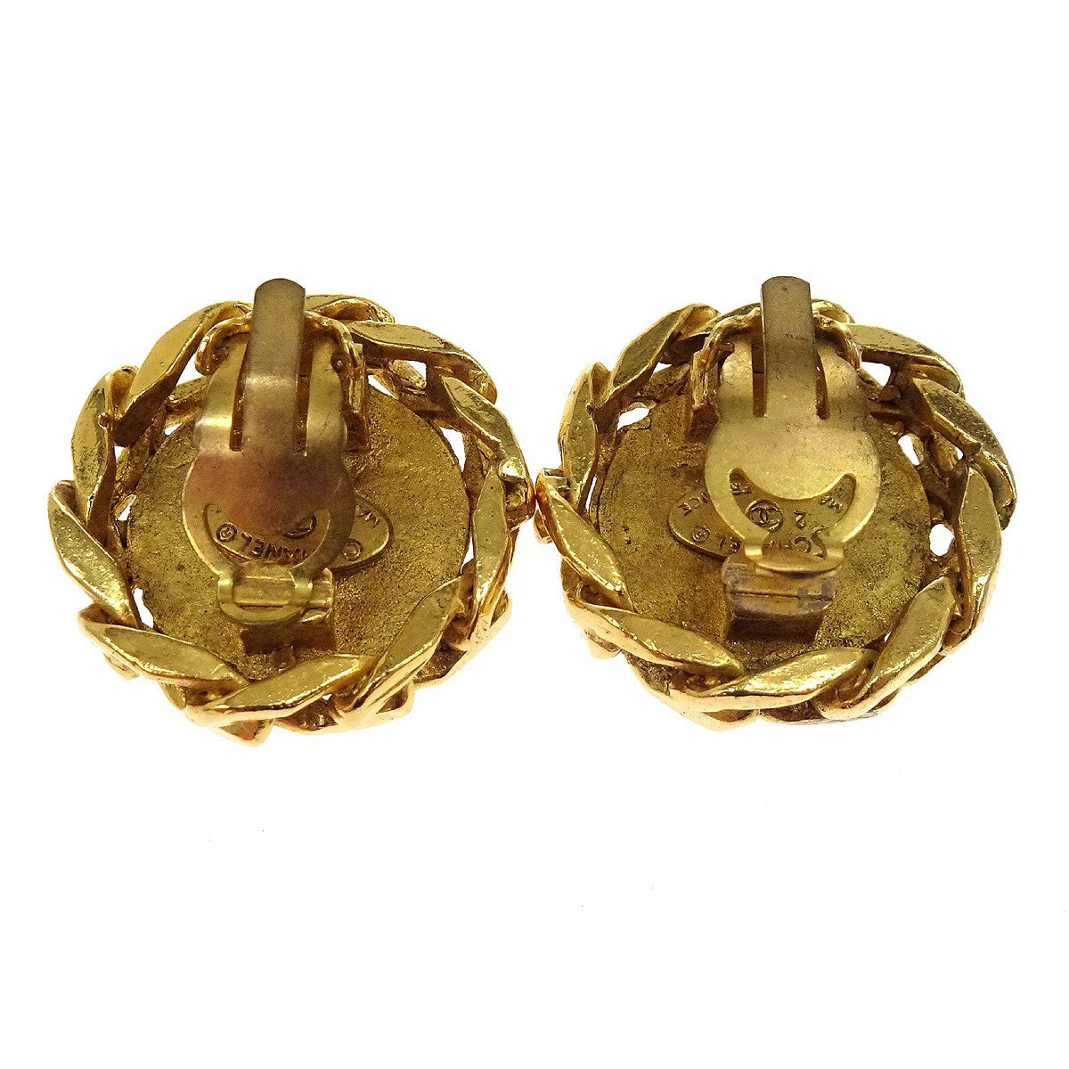 Chanel Vintage Cc Round Clip-On Metal With Crystals Gold Gold_Plated Earrings Jewelry (Pre-Owned)