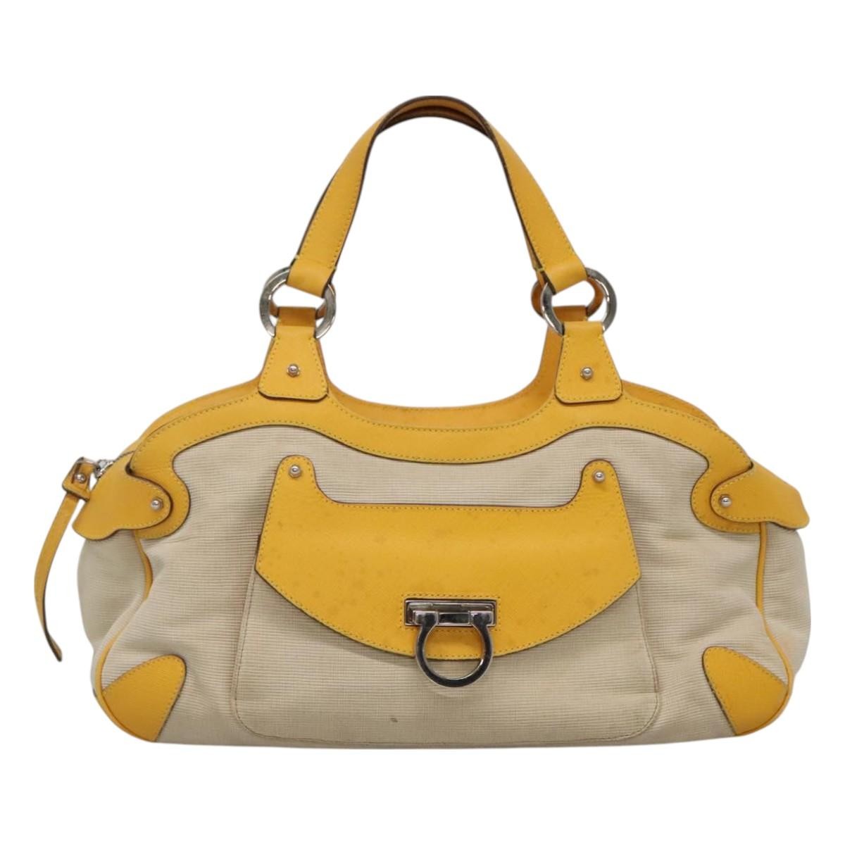 Salvatore Ferragamo Gancini Canvas And Leather Yellow Canvas Handbag (Pre-Owned)