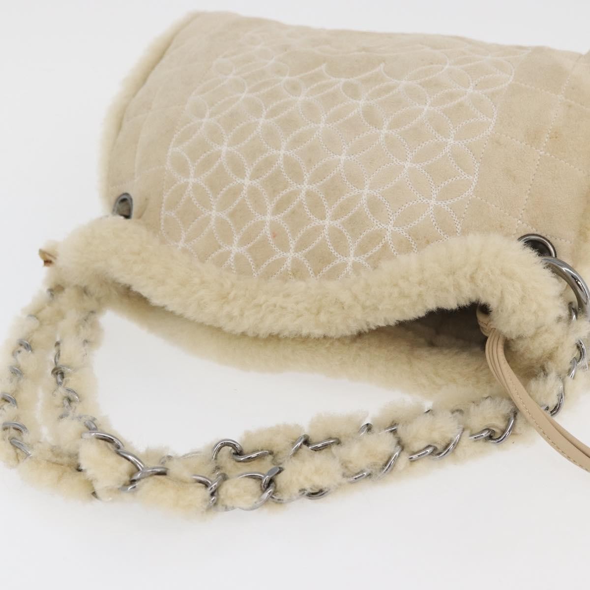 Chanel Vintage Embroidered Cc Chain Tote Quilted Suede And Shearling Beige Canvas Tote Bag Bag (Pre-Owned)