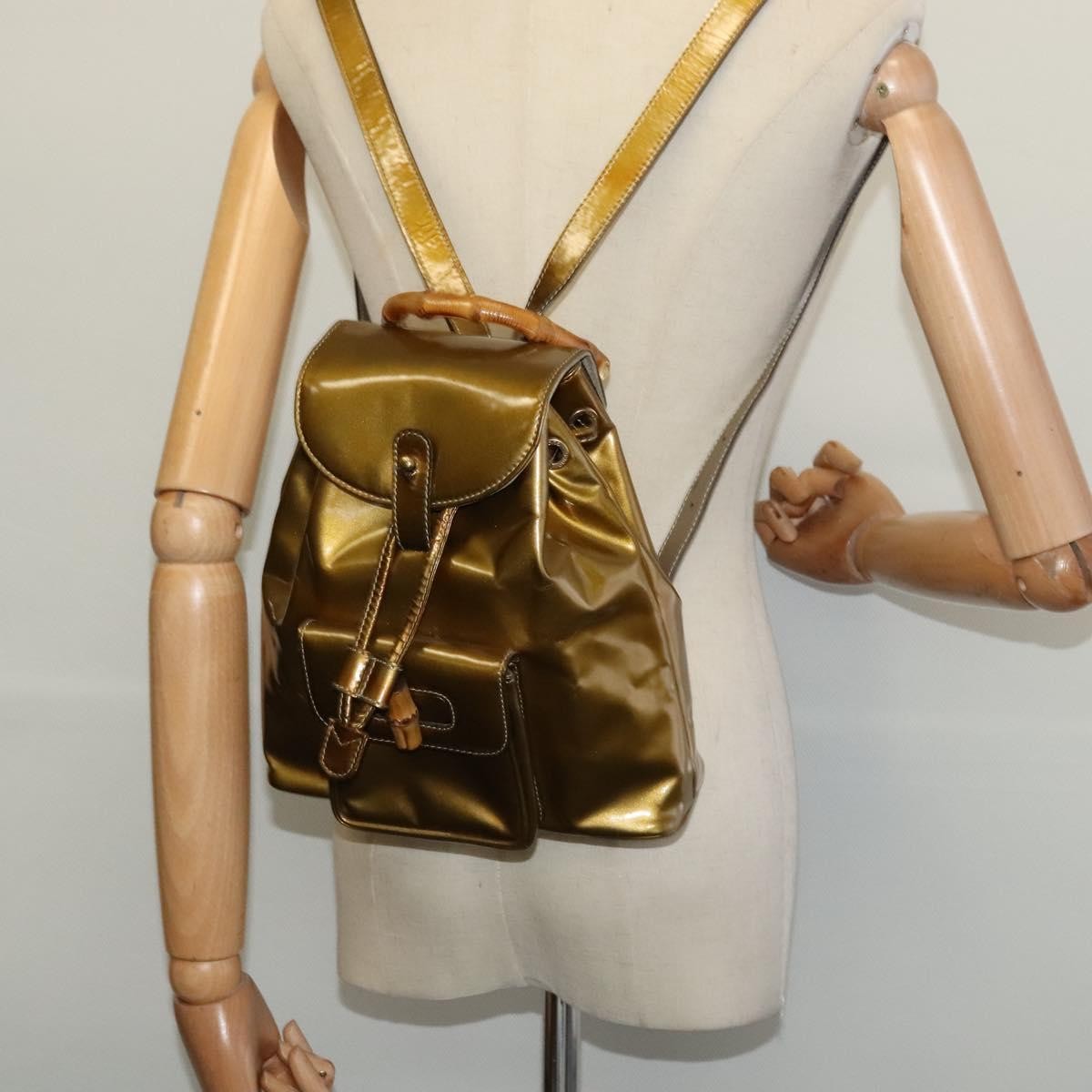 Gucci Vintage Bamboo Patent Gold Patent_Leather Backpack Bag (Pre-Owned)