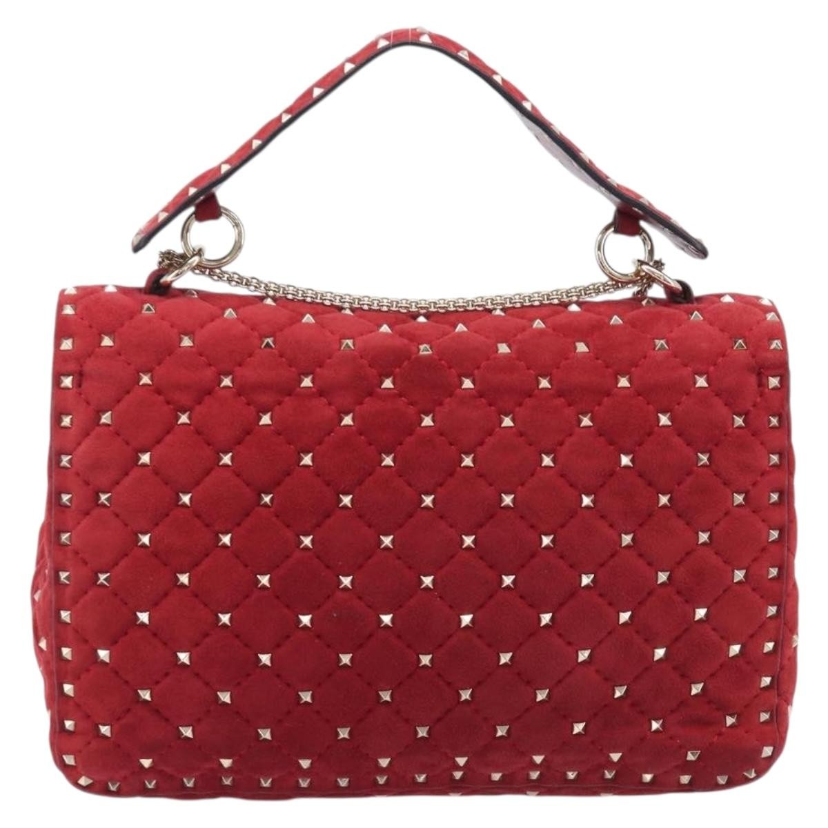 Valentino Garavani Rockstud Spike Flap Quilted Suede Red Suede Handbag (Pre-Owned)