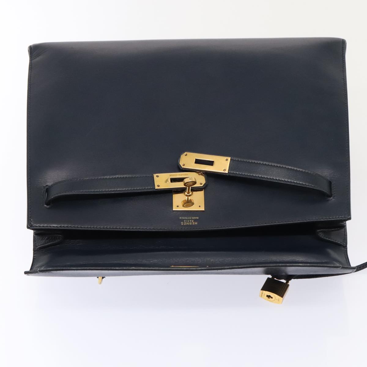Hermes Kelly Black Box Calf With Gold Hardware Navy Leather Handbag (Pre-Owned)