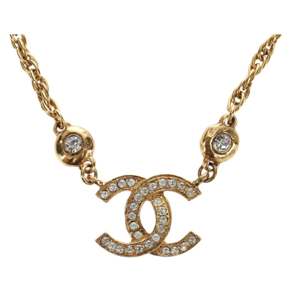 Chanel Cc Pendant Metal With Crystals Gold Metal Necklace Jewelry (Pre-Owned)