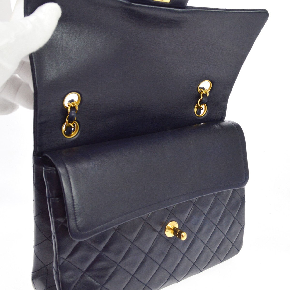 Chanel Vintage Classic Double Flap Quilted Lambskin Navy Leather Shoulder Bag Bag (Pre-Owned)