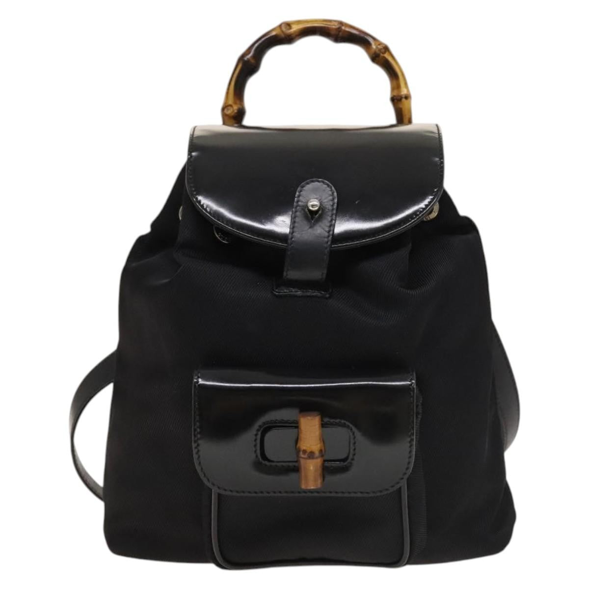 Gucci Vintage Bamboo Nylon And Patent Leather Black Nylon Backpack Bag (Pre-Owned)